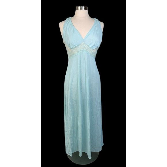 Vtg Blue Nylon JCPenny Nightgown Babydoll VNeck Lace Maxi Slip Coquette Lingerie - Picture 1 of 8